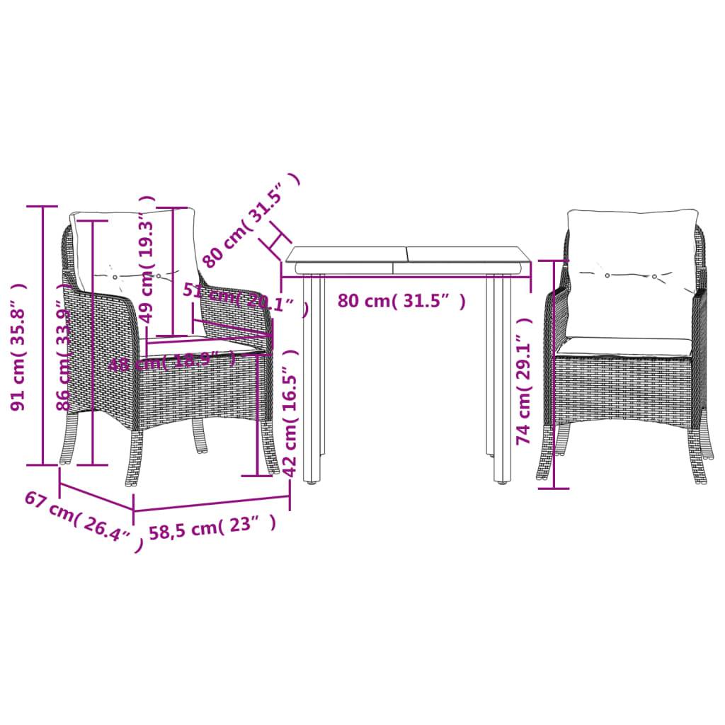 vidaXL 3-tlg. Garten-Essgruppe mit Kissen Braun Poly Rattan