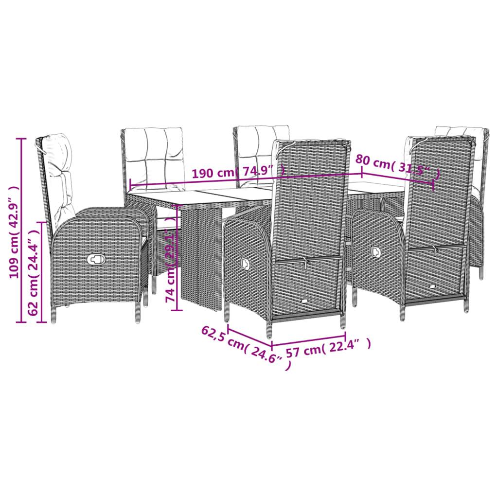 vidaXL 7-tlg. Garten-Essgruppe mit Kissen Grau Poly Rattan