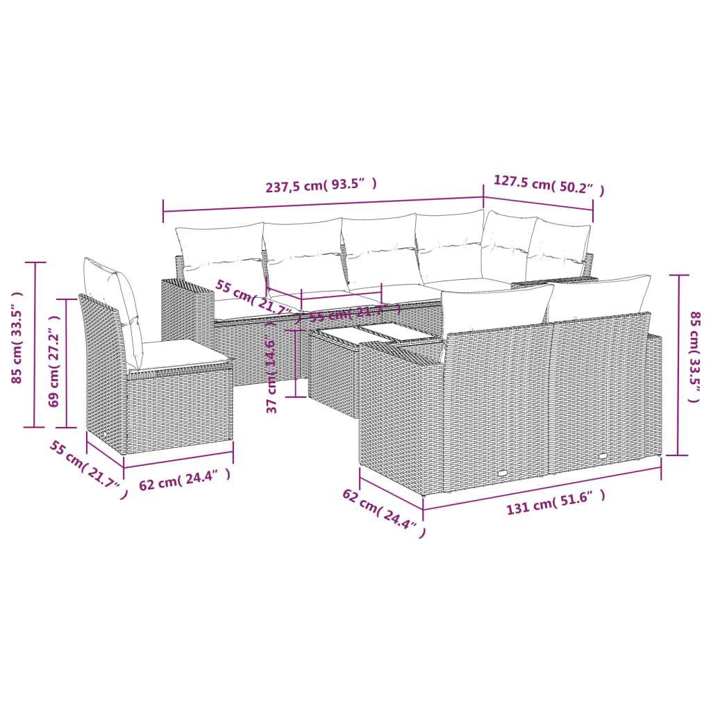 vidaXL 9-tlg. Garten-Sofagarnitur mit Kissen Hellgrau Poly Rattan