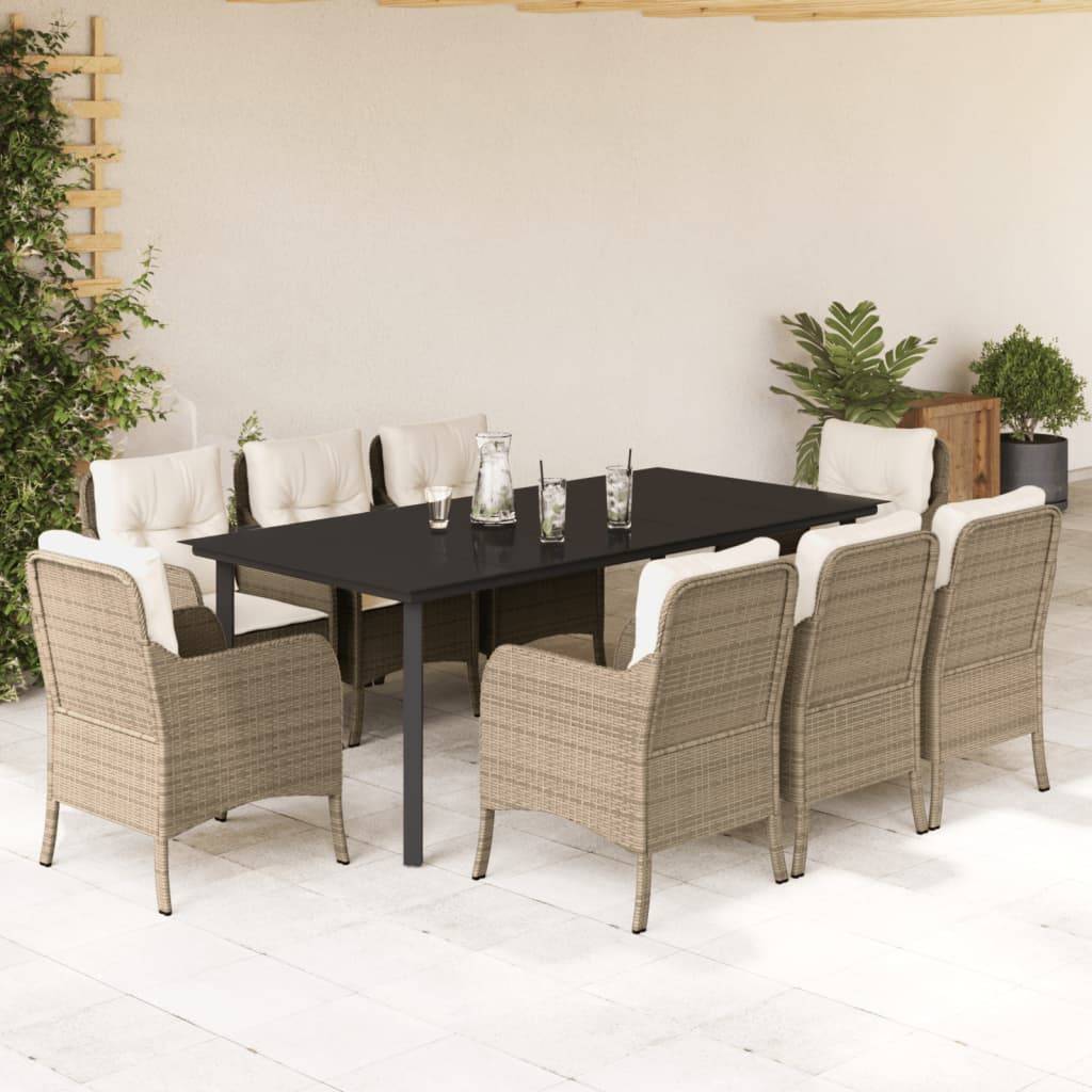 vidaXL 9-tlg. Garten-Essgruppe mit Kissen Beige Poly Rattan