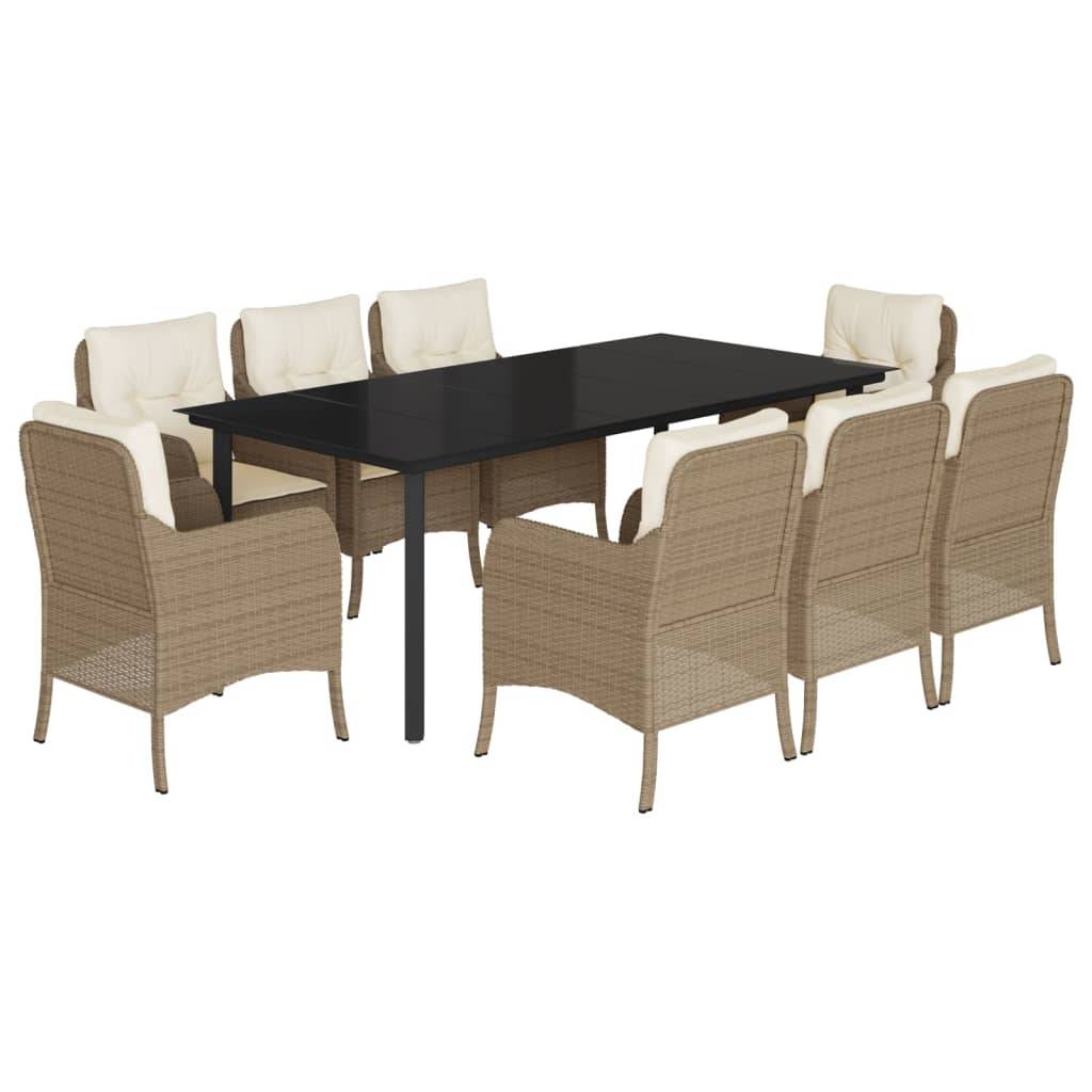 vidaXL 9-tlg. Garten-Essgruppe mit Kissen Beige Poly Rattan