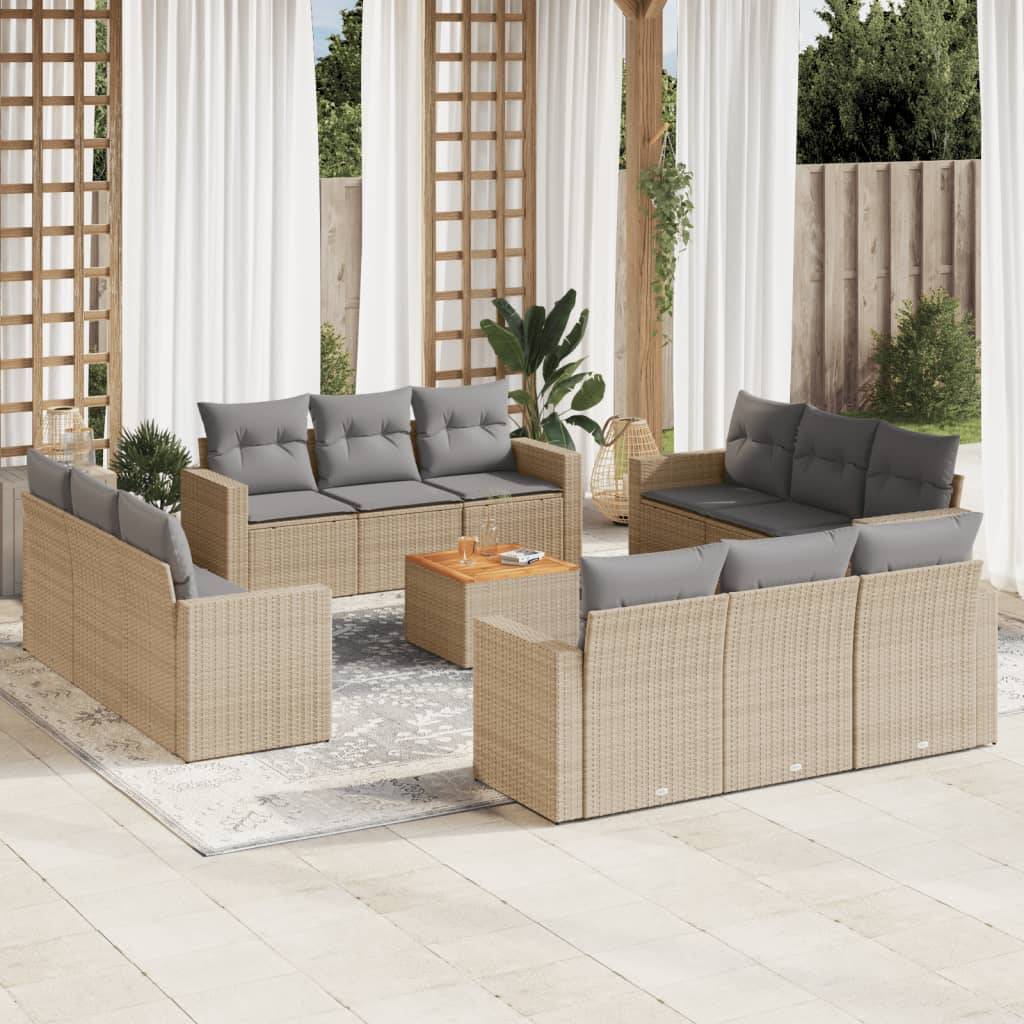 vidaXL 13-tlg. Garten-Sofagarnitur mit Kissen Beige Poly Rattan