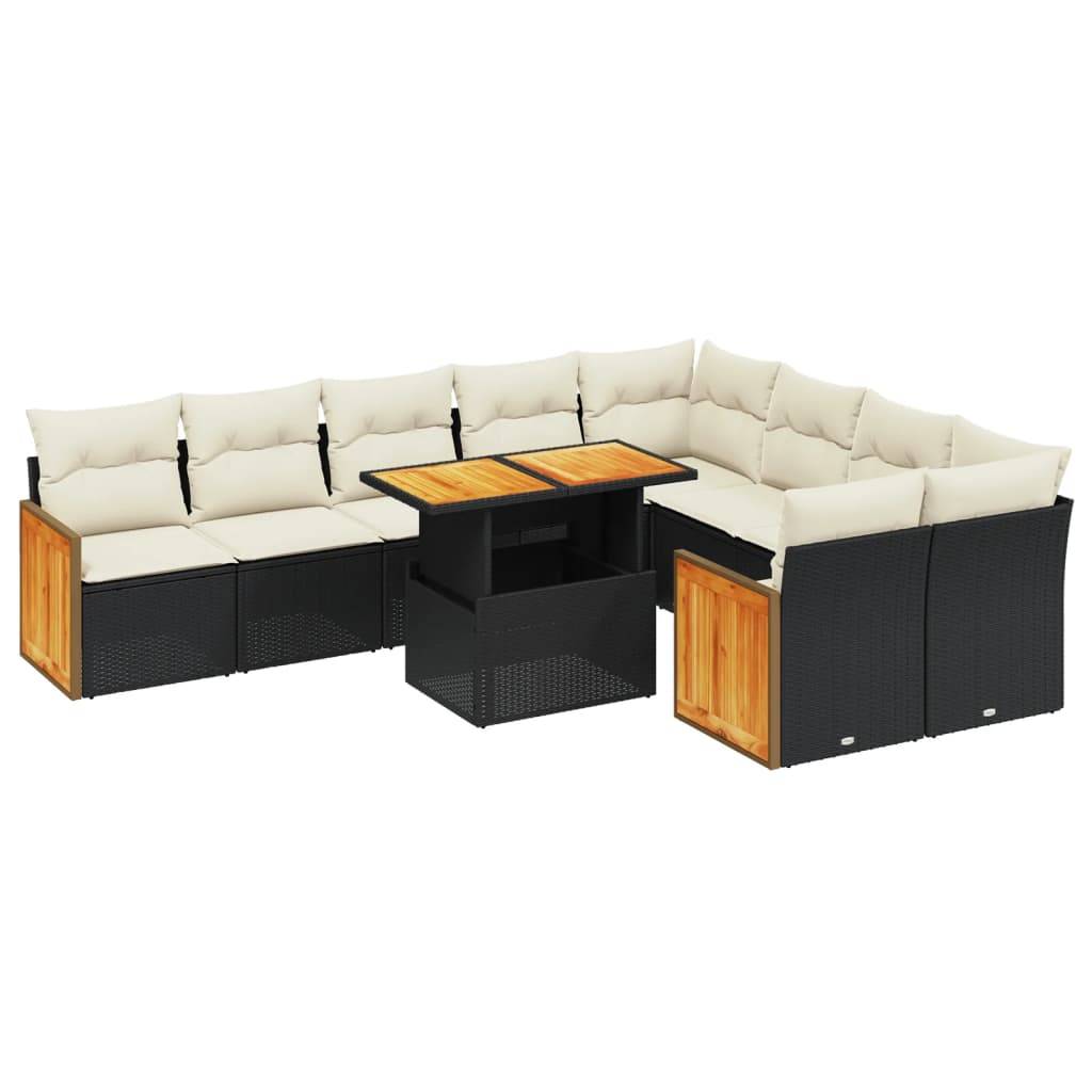 vidaXL 10-tlg. Garten-Sofagarnitur mit Kissen Schwarz Poly Rattan