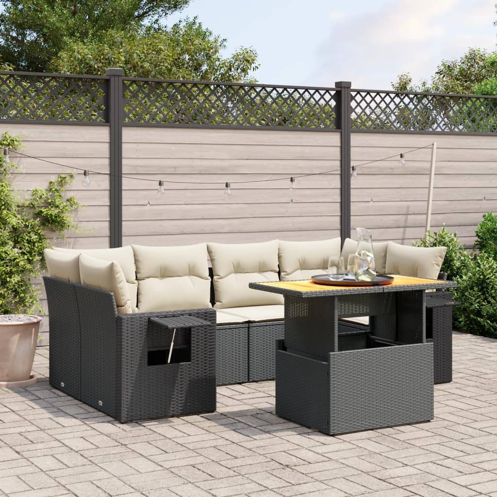 vidaXL 7-tlg. Garten-Sofagarnitur mit Kissen Schwarz Poly Rattan