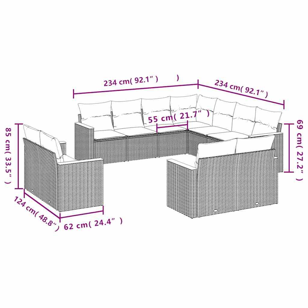 vidaXL 11-tlg. Garten-Sofagarnitur mit Kissen Schwarz Poly Rattan