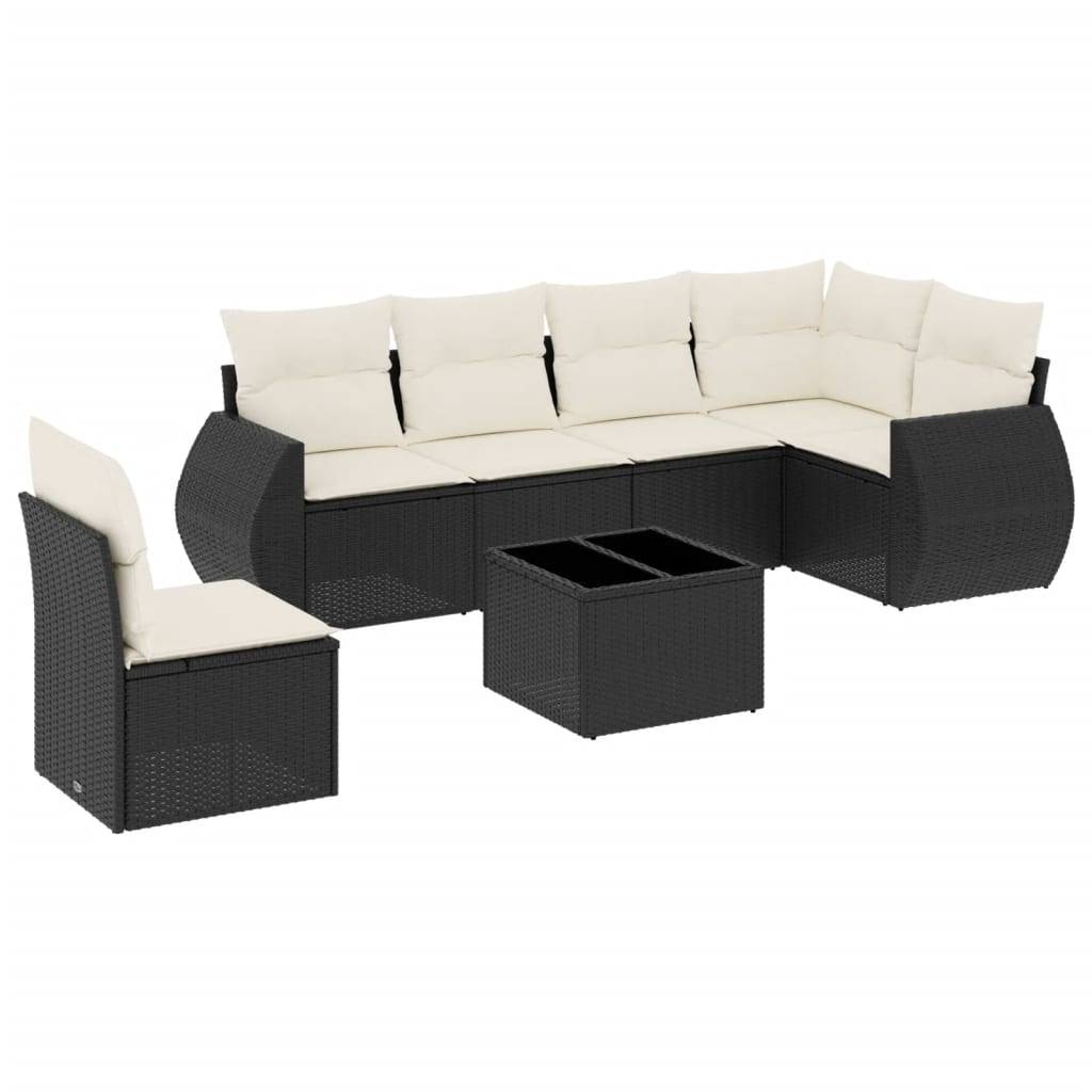vidaXL 7-tlg. Garten-Sofagarnitur mit Kissen Schwarz Poly Rattan