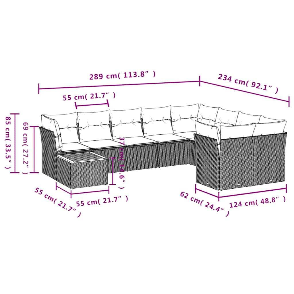 vidaXL 10-tlg. Garten-Sofagarnitur mit Kissen Schwarz Poly Rattan