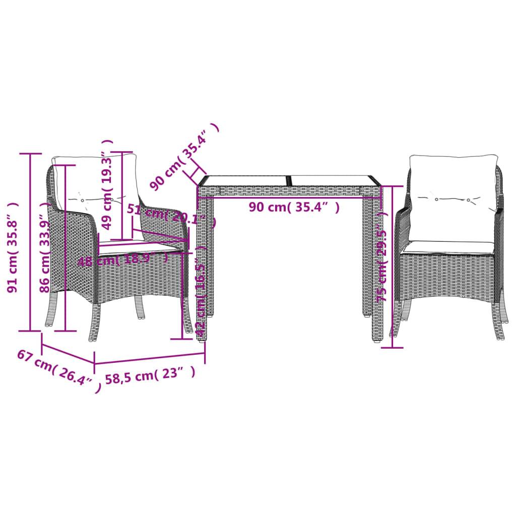 vidaXL 3-tlg. Garten-Essgruppe mit Kissen Schwarz Poly Rattan