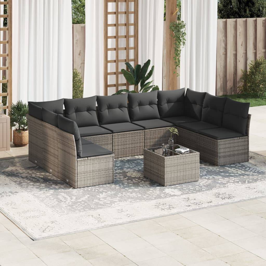 vidaXL 10-tlg. Garten-Sofagarnitur mit Kissen Grau Poly Rattan