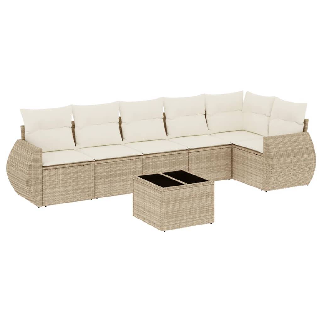vidaXL 7-tlg. Garten-Sofagarnitur mit Kissen Beige Poly Rattan