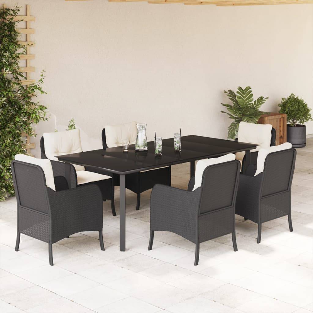 vidaXL 7-tlg. Garten-Essgruppe mit Kissen Schwarz Poly Rattan