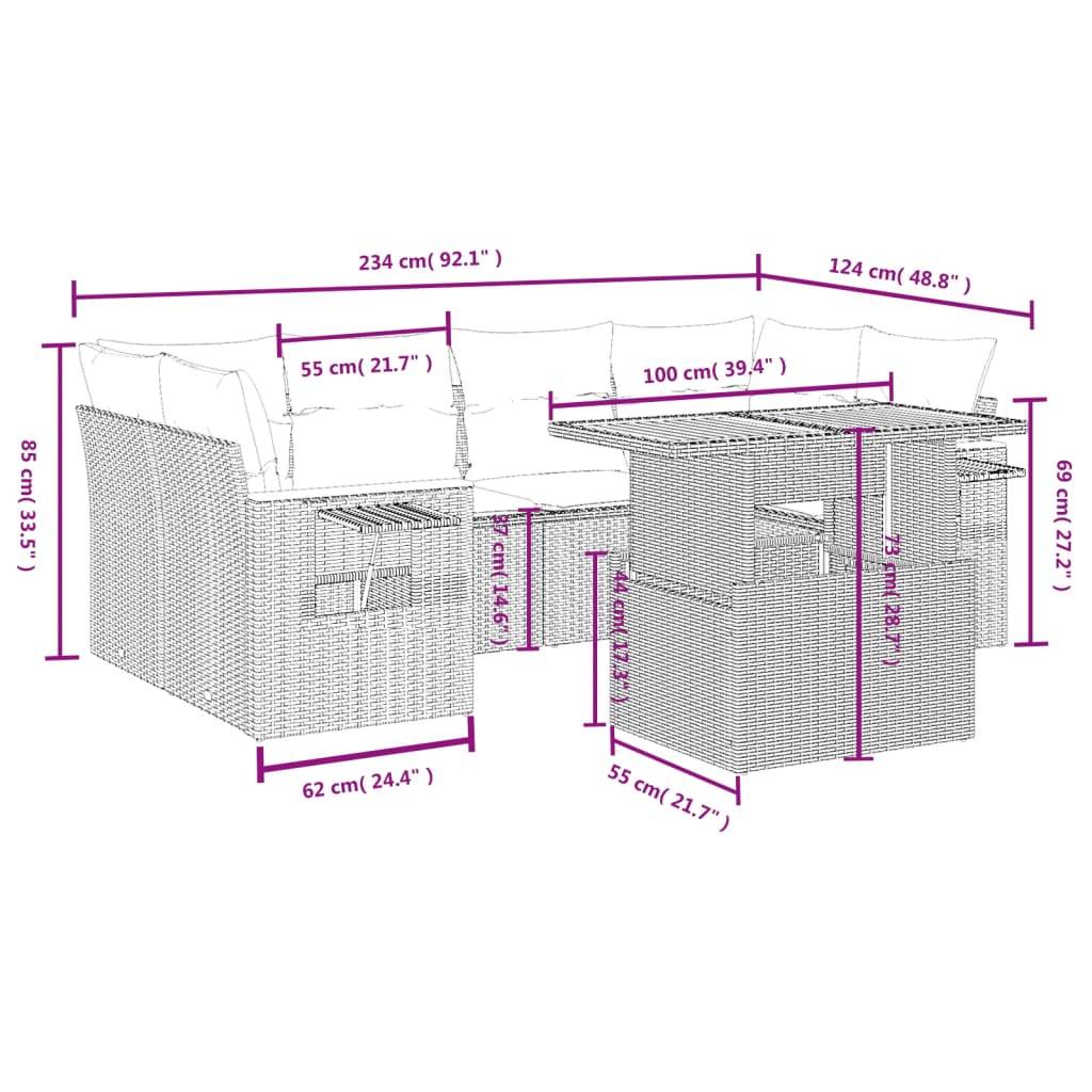 vidaXL 7-tlg. Garten-Sofagarnitur mit Kissen Grau Poly Rattan