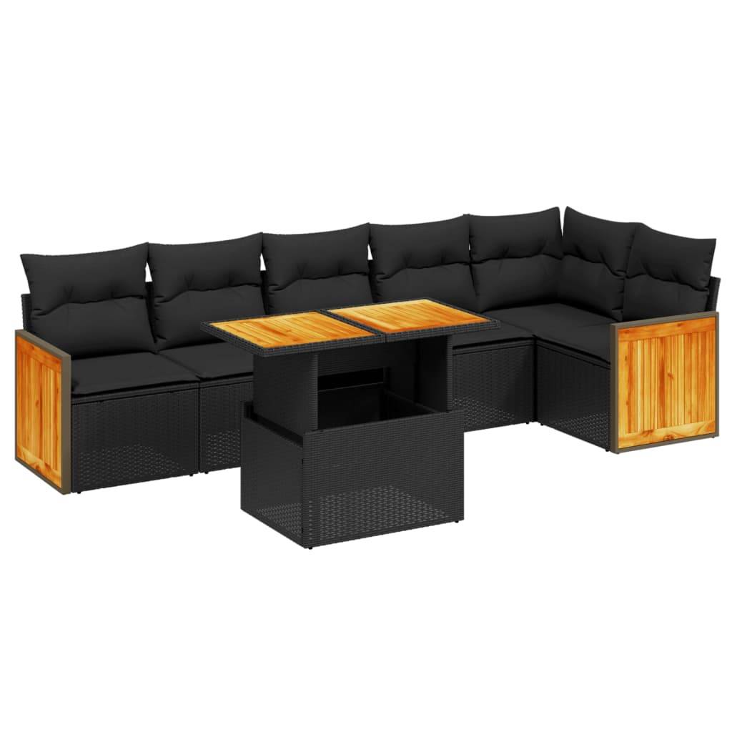 vidaXL 7-tlg. Garten-Sofagarnitur mit Kissen Schwarz Poly Rattan