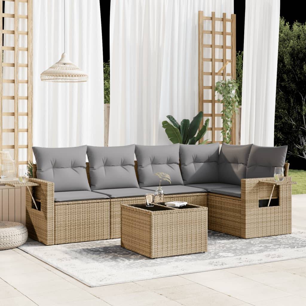 vidaXL 6-tlg. Garten-Sofagarnitur mit Kissen Beige Poly Rattan