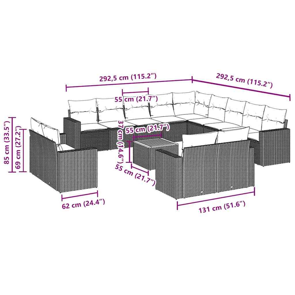 vidaXL 14-tlg. Garten-Sofagarnitur mit Kissen Schwarz Poly Rattan