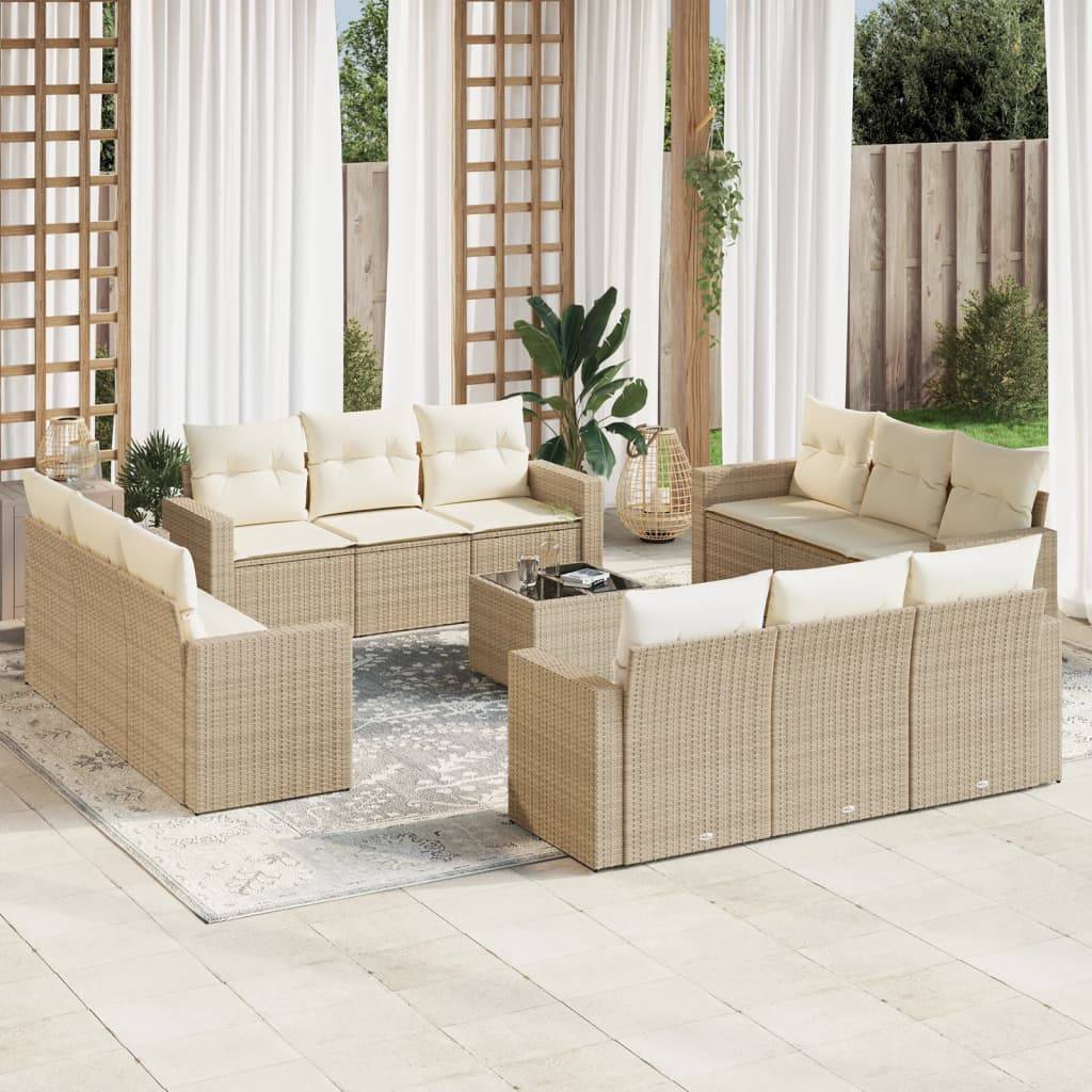 vidaXL 13-tlg. Garten-Sofagarnitur mit Kissen Beige Poly Rattan