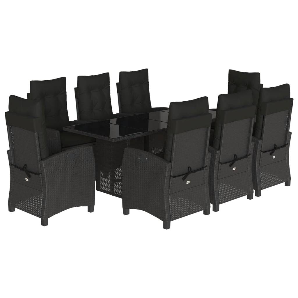 vidaXL 9-tlg. Garten-Essgruppe mit Kissen Schwarz Poly Rattan