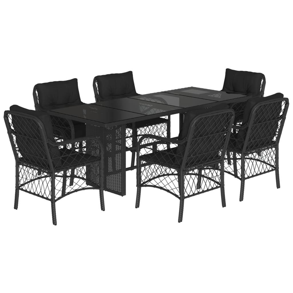 vidaXL 7-tlg. Garten-Essgruppe mit Kissen Schwarz Poly Rattan