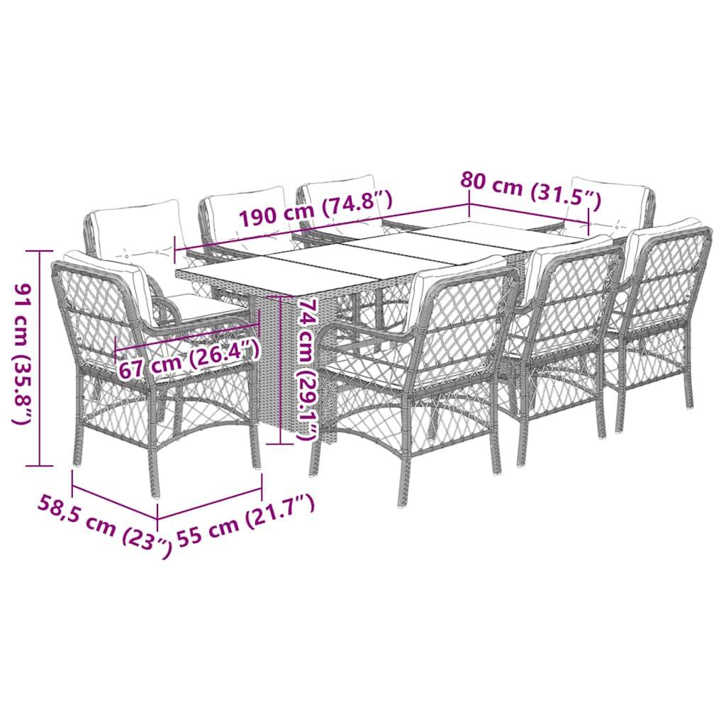 vidaXL 9-tlg. Garten-Essgruppe mit Kissen Grau Poly Rattan