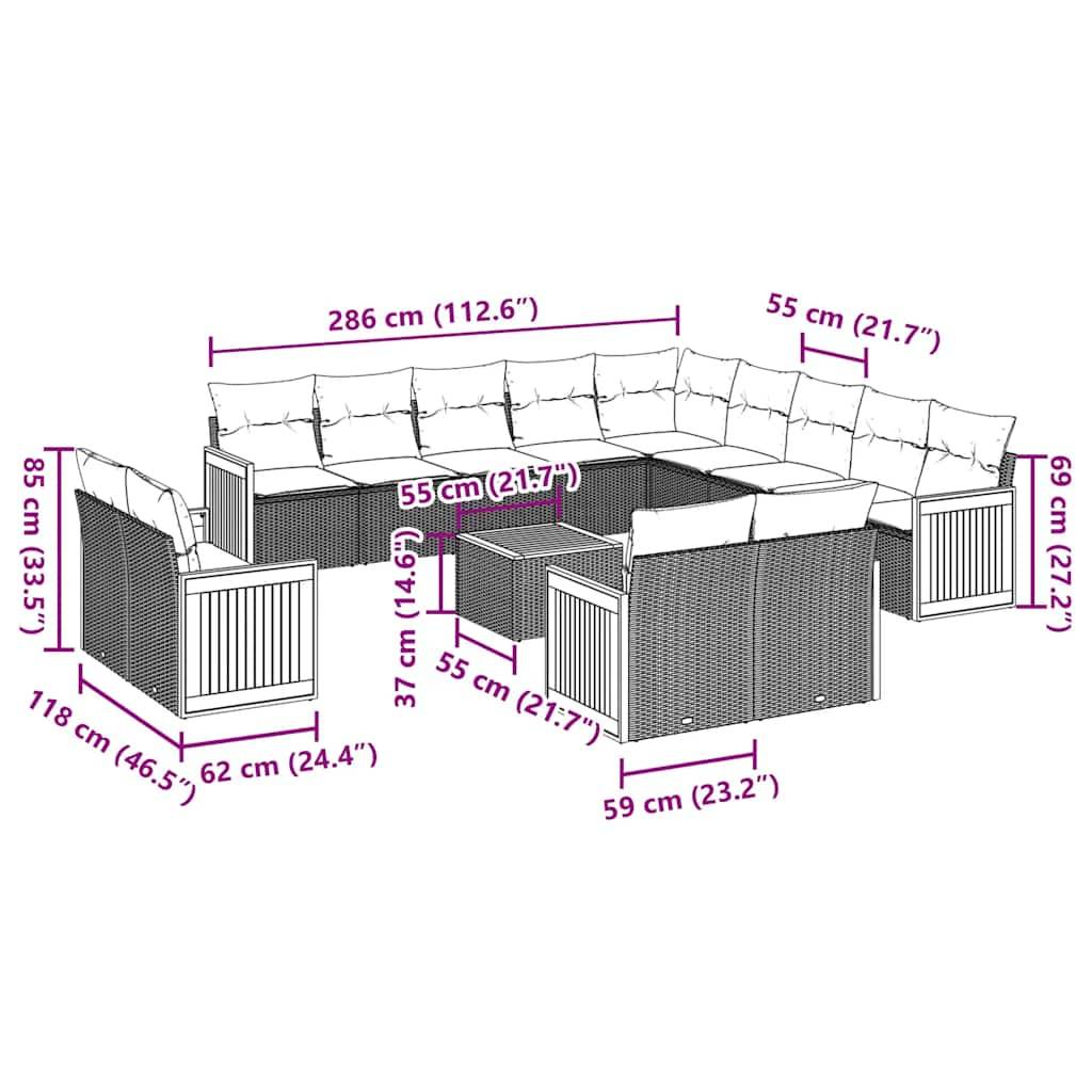 vidaXL 14-tlg. Garten-Sofagarnitur mit Kissen Schwarz Poly Rattan