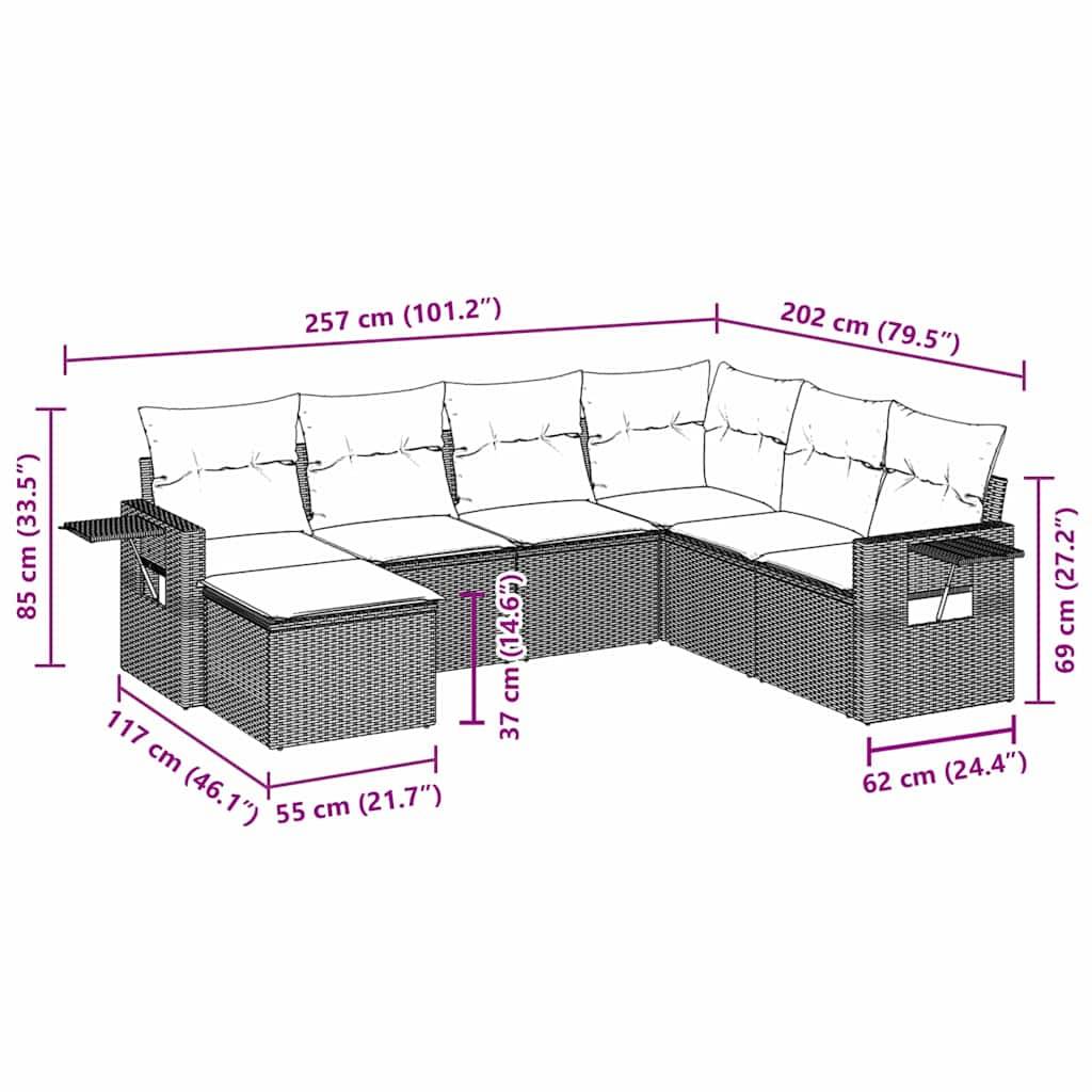 vidaXL 7-tlg. Garten-Sofagarnitur mit Kissen Schwarz Poly Rattan