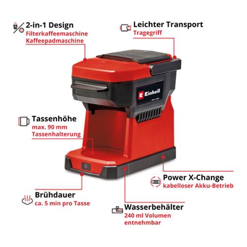 EINHELL TE-CF 18 Li-Solo - Akku-Kaffeemaschine (18V Power X-Change | Filer & Pad | Wasserbehälter 240 ml | inkl.