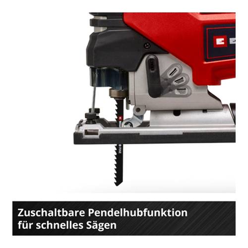 # Nahaufnahme eines rot-schwarzen Stichsägewerkzeugs, die das Sägeblatt und die einstellbare Pendelhubeinstellung zeigt, mit deutschem Text zur Sägeeffizienz.