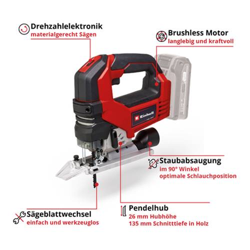 Stichsäge mit Bürstenlosmotor, elektronischer Drehzahlregelung, Staubabsaugung im 90°-Winkel, einstellbarer Hubfrequenz und werkzeugloser Blattaustausch.