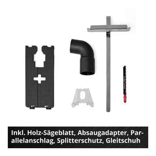 Bild von Stichsägen-Zubehör, einschließlich Sägeblatt aus Holz, Staubadapter, Parallelführung, Splitterschutz und Schleifschuh.