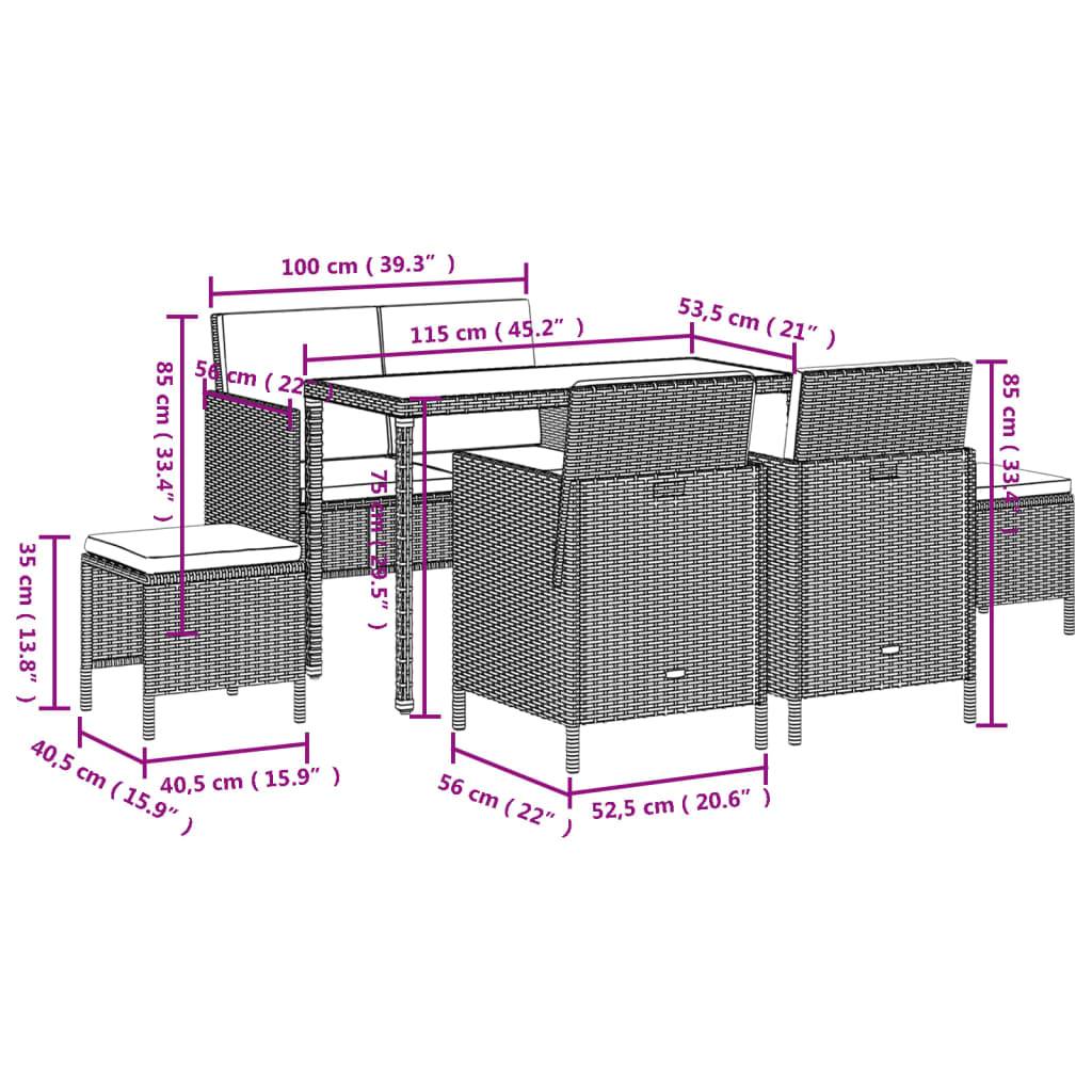 vidaXL 6-tlg. Garten-Essgruppe mit Kissen Schwarz Poly Rattan