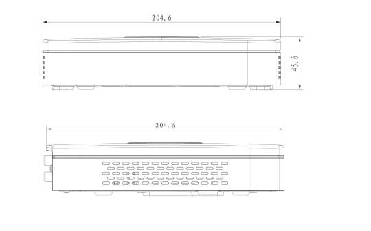 Technische Zeichnung eines rechteckigen Geräts mit Vorder- und Seitenansicht mit Abmessungen: 204,6 mm Breite und 45,6 mm Höhe.