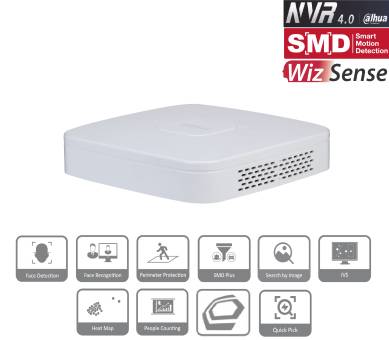 Werbebild eines weißen Dahua NVR 4.0 Rekorders mit SMD- und WizSense-Logos sowie Funktionssymbolen für Gesichtserkennung, Gesichtserkennung, Umfassungsschutz, SMD Plus, Bildsuche, IVS, Wärmekarte, Personenzählung und Quick Pick.