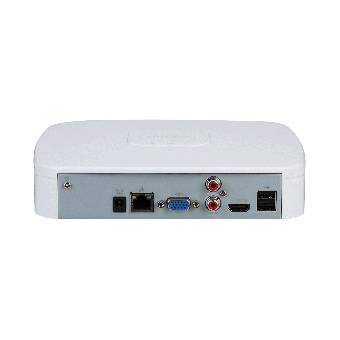 Rückansicht eines kleinen weißen elektronischen Geräts mit Stromversorgung, Ethernet-, VGA-, RCA-Audio-/Video-, HDMI- und USB-Anschlüssen.