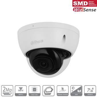 Weiße Domesicherheitskamera mit schwarzer Linse, gekennzeichnet mit SMD WizSense und 2MP, gezeigt mit Funktionssymbolen entlang des unteren Randes.