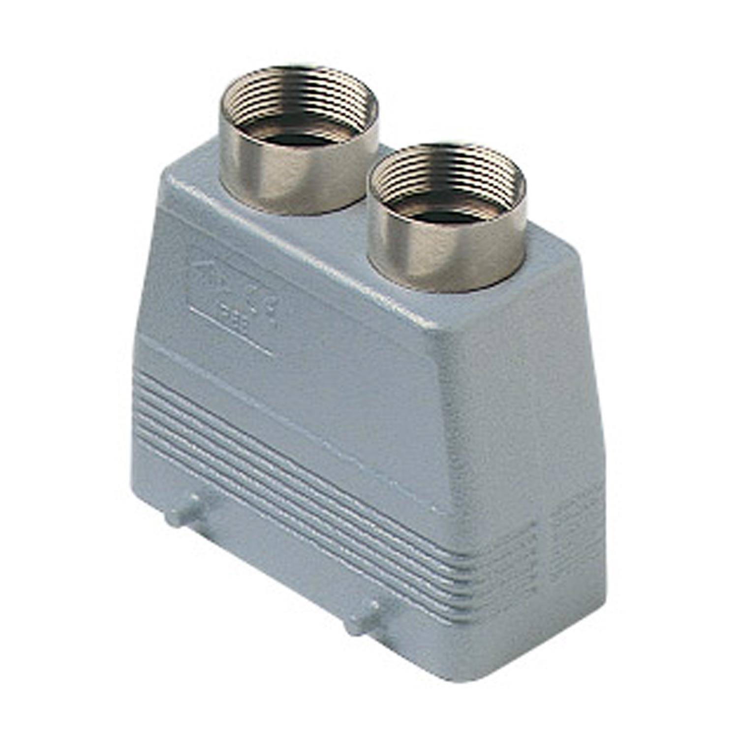 Ein graues Industrie-Steckgehäuse mit zwei parallelen Metallöffnungen oben, das zum Verdrahten und sicheren Verbinden von Elektrokomponenten verwendet wird.