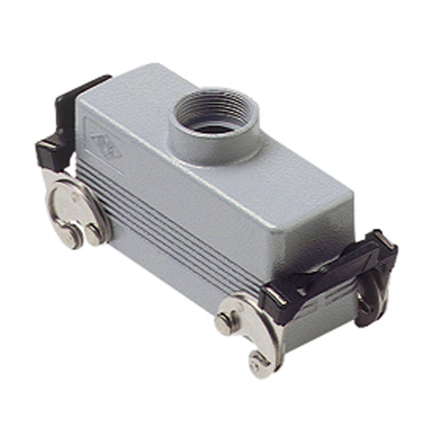 Ein grauer rechteckiger Metall-Elektroinstallationskasten mit einer Gewindeöffnung oben und Klemmen an den Seiten zum Sichern von Kabeln.