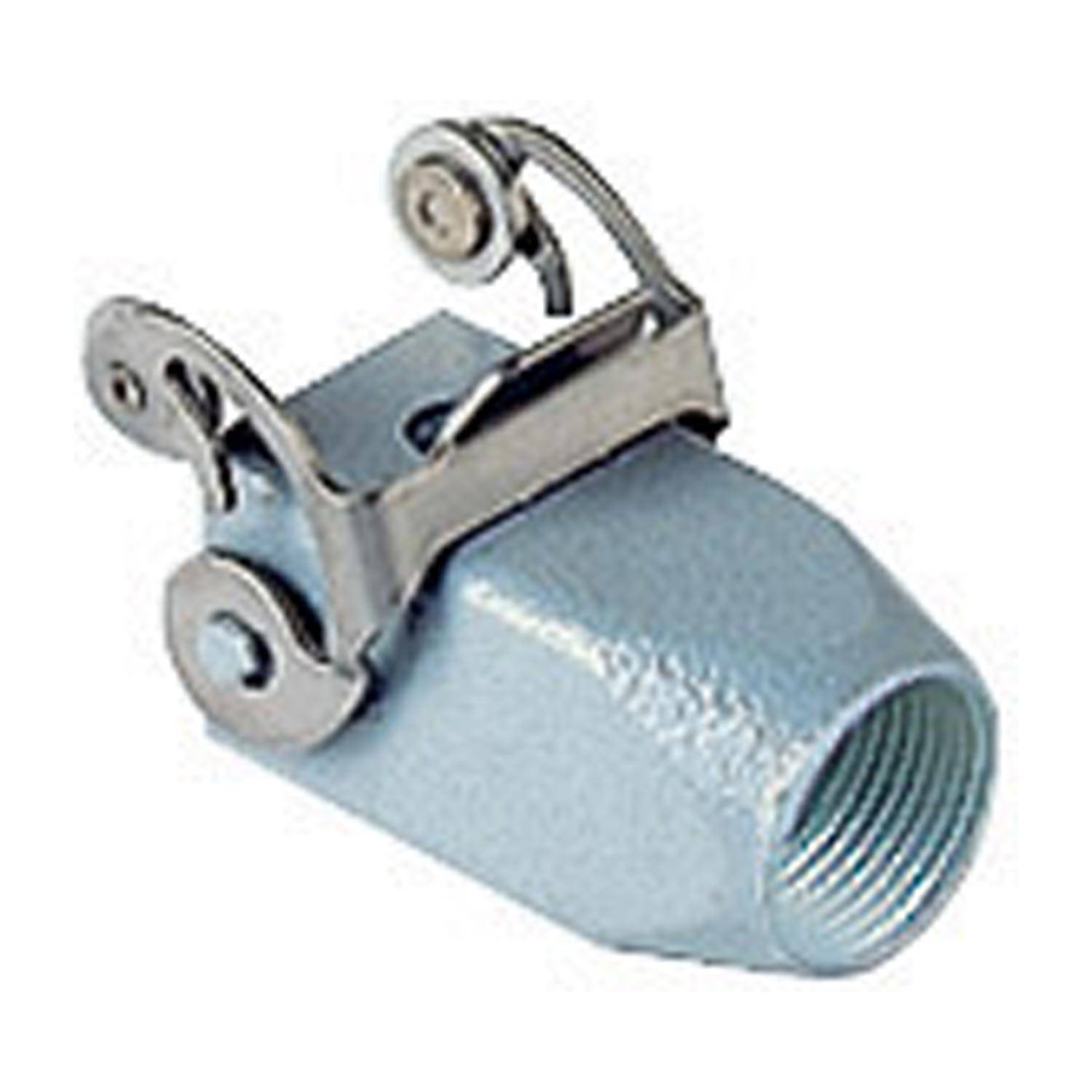 Eine Metallschellenklemme mit gefädelter Öffnung, ausgestattet mit einem angelenkt beweglichen Verriegelungsmechanismus und abgerundeten Bolzen, typischerweise zur Befestigung von Kabeln verwendet.