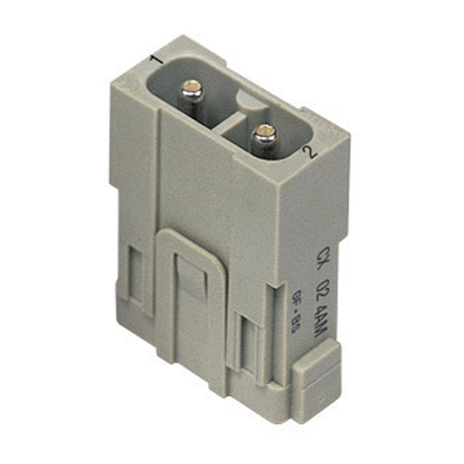 Ein grauer, rechteckiger Elektrostecker mit zwei parallelen Anschlüssen und geprägten Nummern, die Positionen angeben.