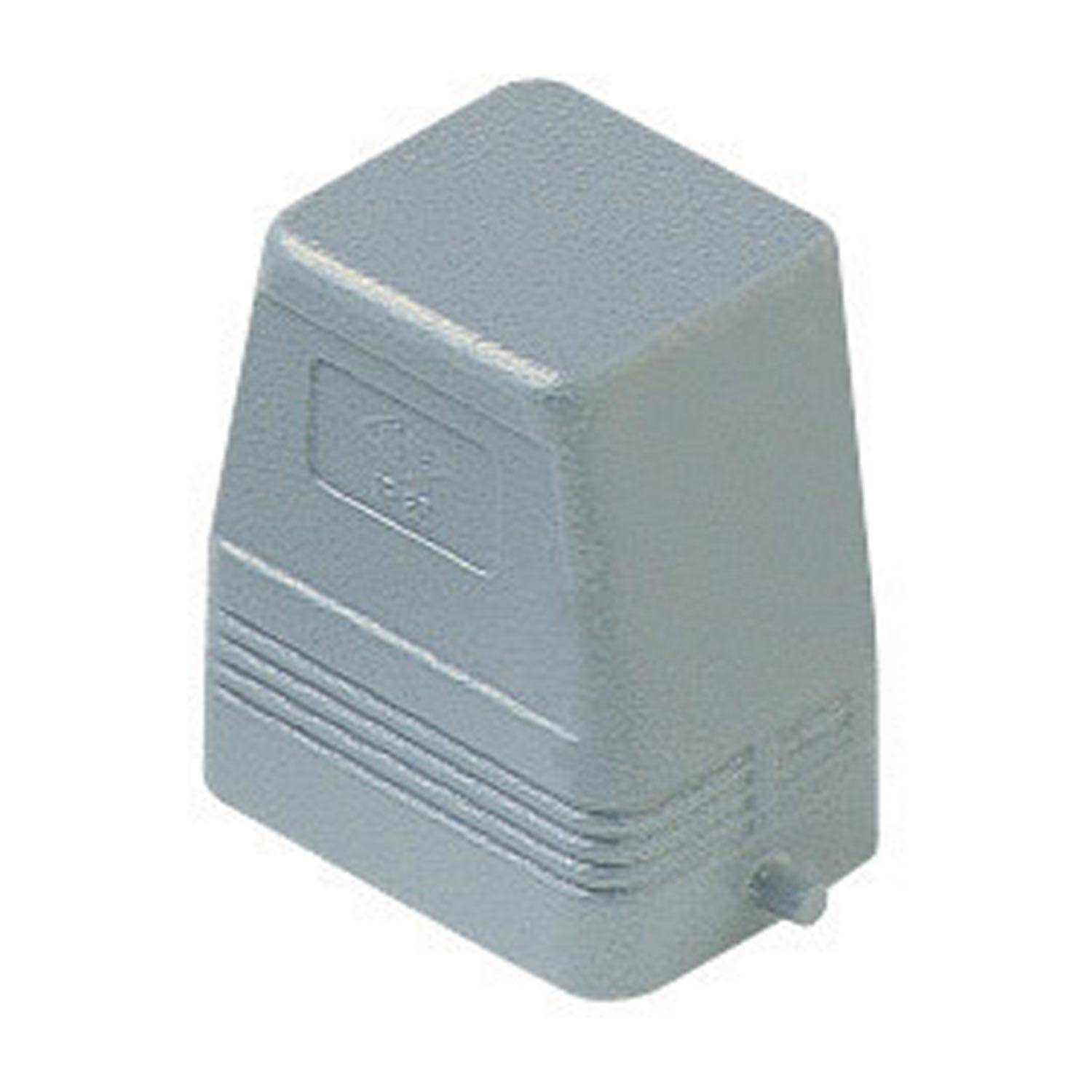 Eine graue, rechteckige Elektronikbauteilabdeckung mit gerillten Seiten und einem erhabenen Symbol auf der Vorderseite.