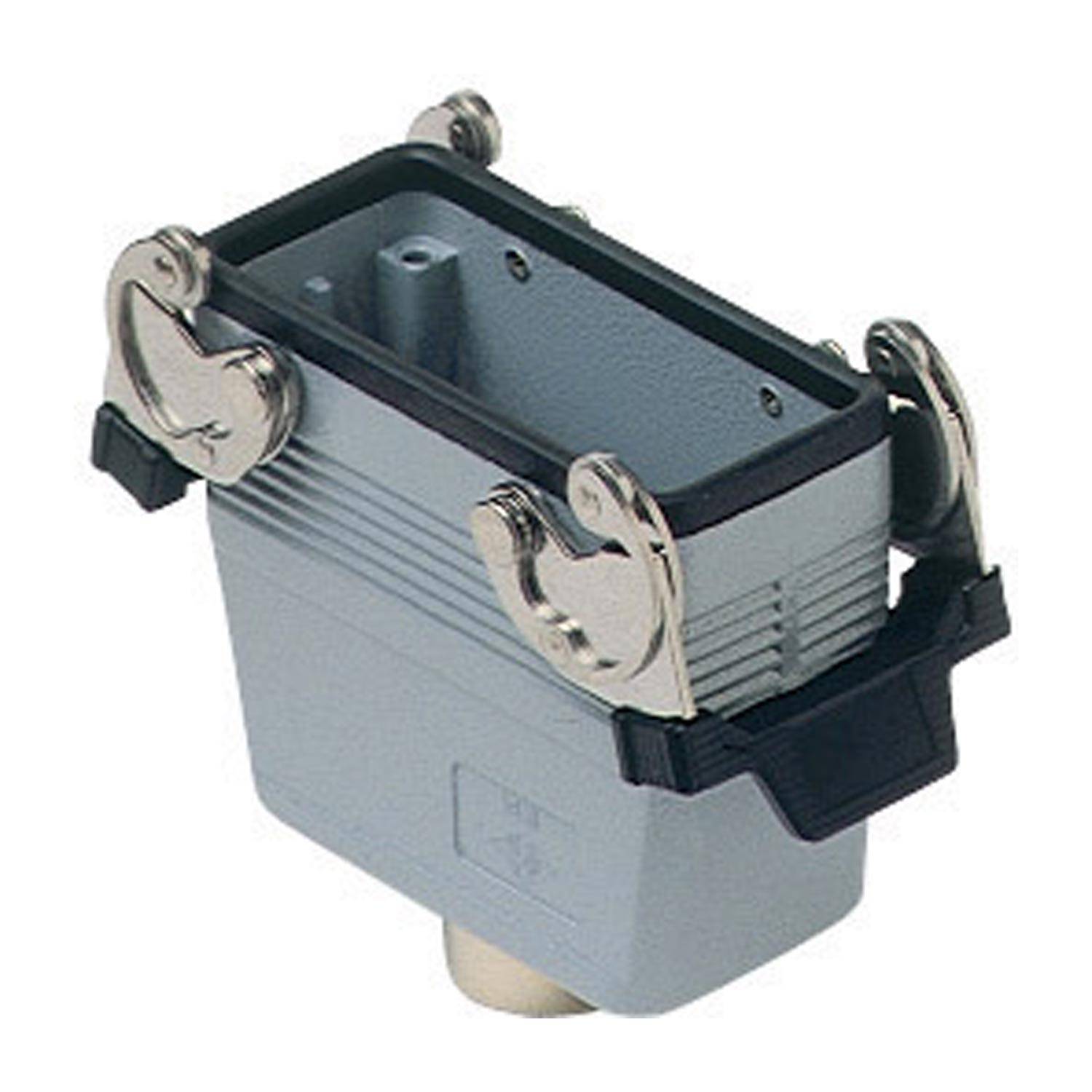 Ein graues Industriesteckergehäuse mit zwei metallischen Verschlüssen und gerippten Seiten, entwickelt für sichere elektrische Verbindungen.