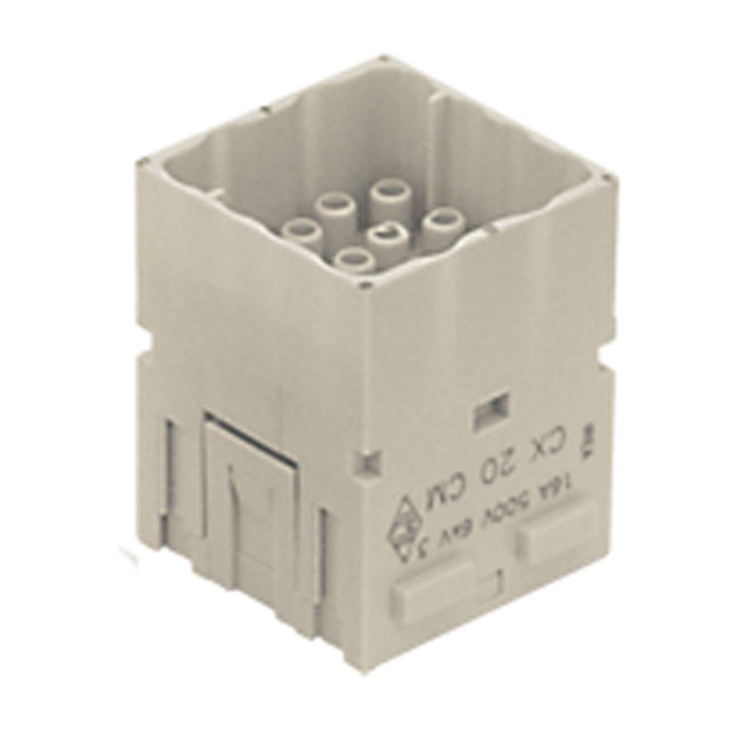 Ein hellgraues rechteckiges Steckverbinder-Block mit mehreren Anschlussöffnungen und 