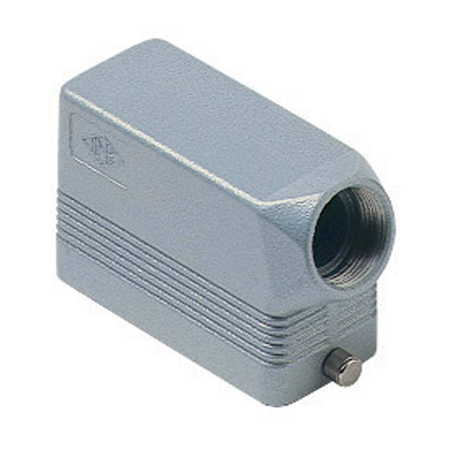 Ein graues metallisches Kabelschutzrohr mit Gewinde-Öffnung, verwendet zum Schutz von industriellen Elektroverbindungen, mit Riefendesign.