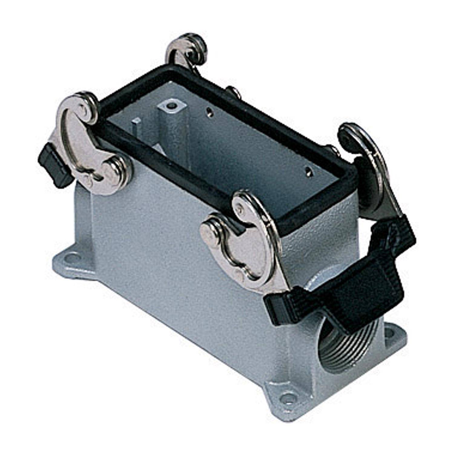 Ein Metallschaltschrank mit rechteckiger Öffnung, Gummidichtung und vier Metallspannbügeln zur Befestigung des Deckels.