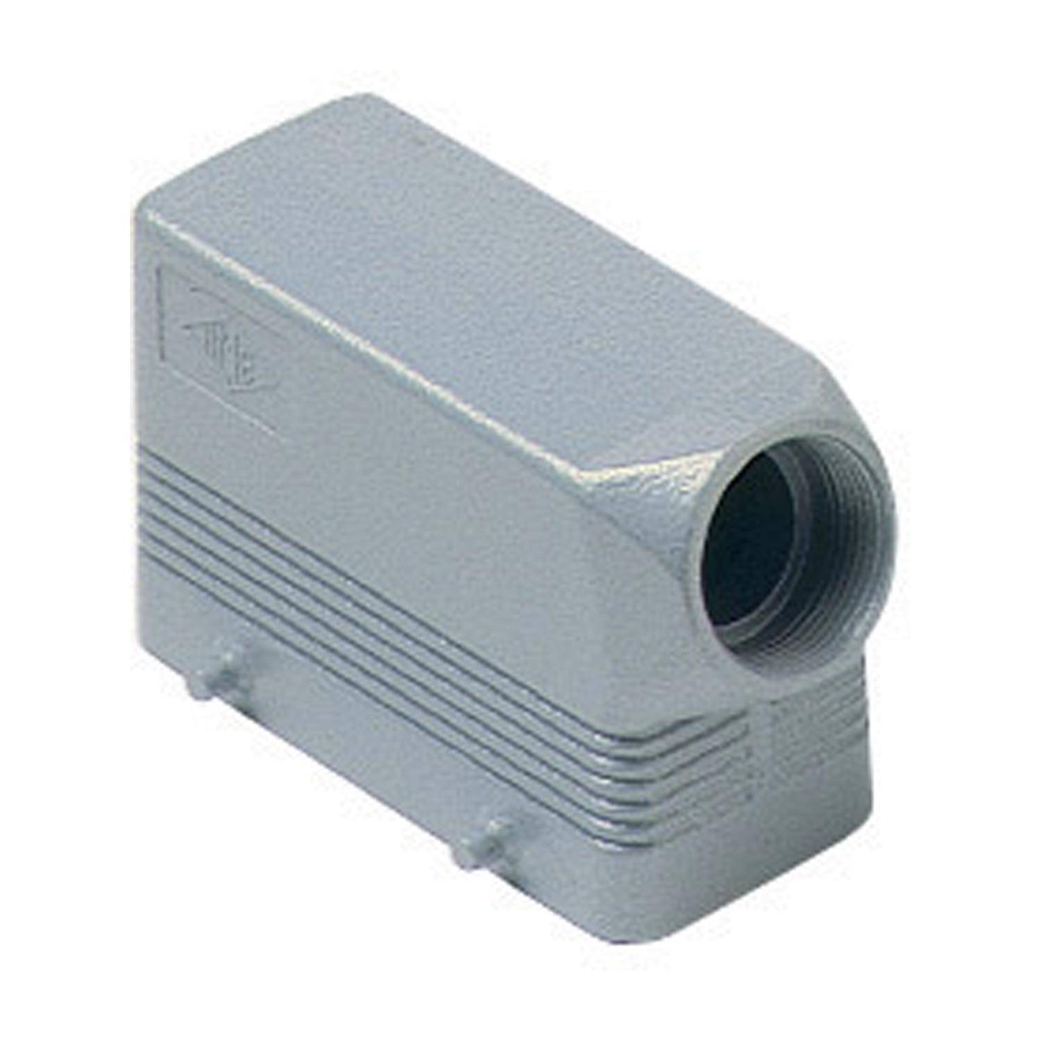 Ein rechteckiges metallisches Industriesteckverbindungsgehäuse, grau gefärbt, mit gerippten Seiten und einer Gewindöffnung an einem Ende.