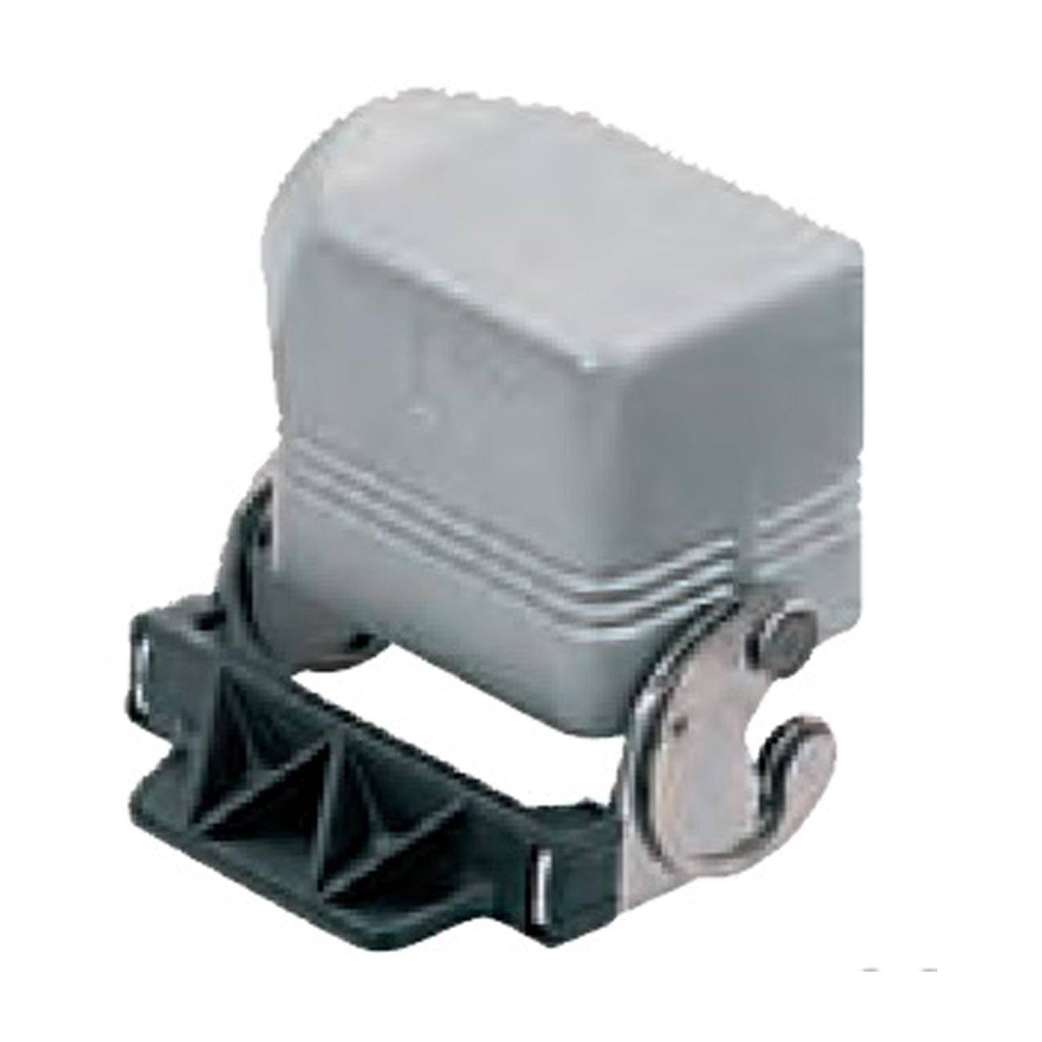 Elektrosteckergehäuse, graues Kunststoffmaterial, mit verriegeltem schwarzem Riegel unten. Konstruiert zur Sicherung und zum Schutz der inneren Komponenten.