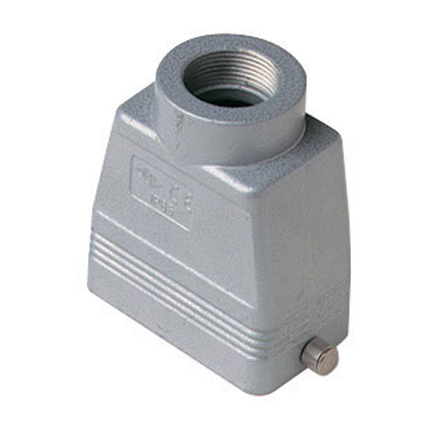 Ein metallisches Industriesteckverbinder-Gehäuse mit einer Gewindebohrung oben.