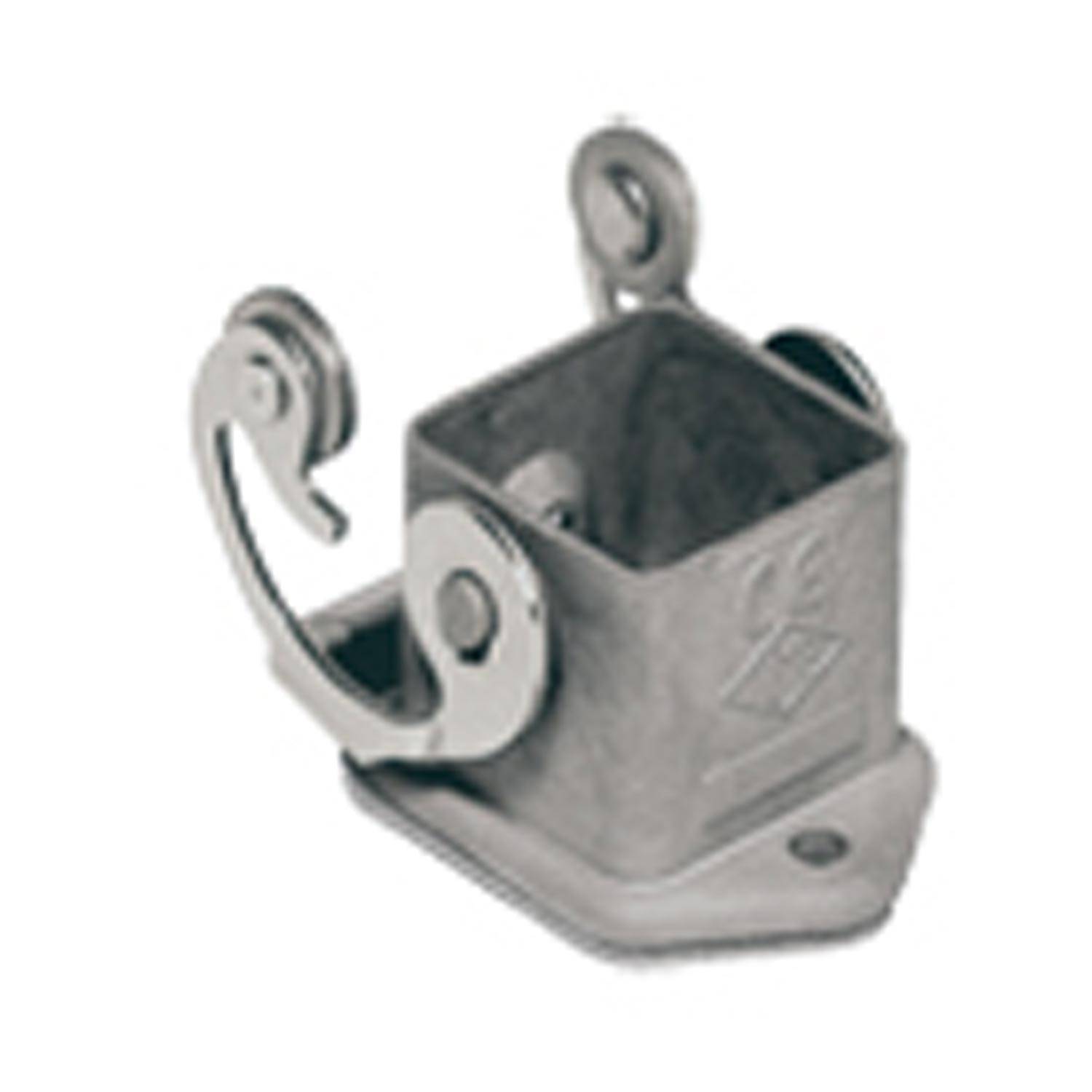 Eine Metallhalterung mit runden Haken und einer quadratischen Grundfläche, die zur Befestigung oder Montage verwendet wird.