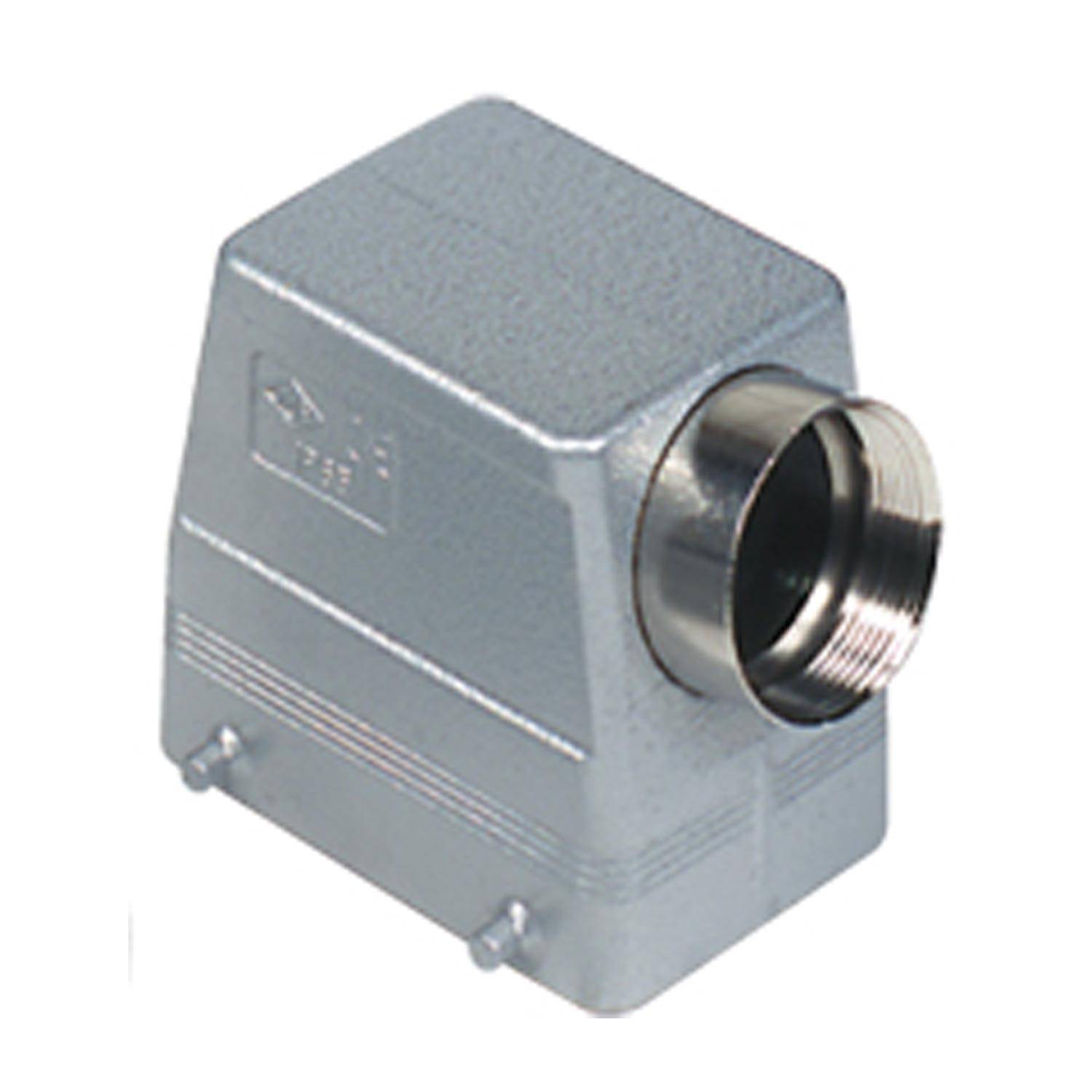 Ein grauer rechteckiger metallischer Stecker mit einer zentralen Gewindebohrung oben, entworfen für sichere Befestigung in elektrischen Systemen.