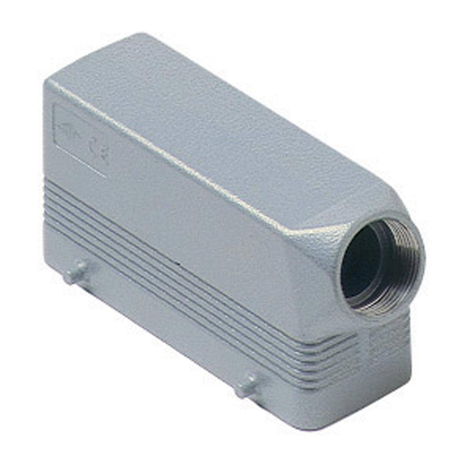 Ein rechteckiges, hellgraues Metallgehäuse mit gerillten Seiten und einer kreisförmigen Gewindebohrung an einem Ende.