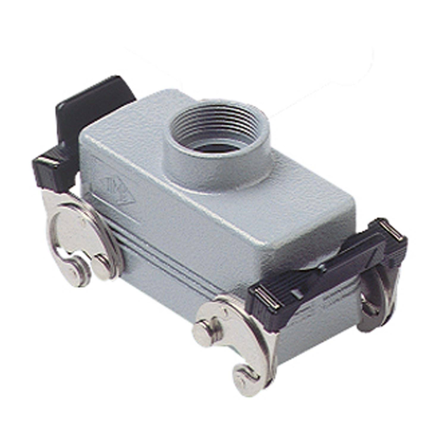 Metall- und Kunststoff-Rechteck-Industriesteckverbinder mit seitlichen Verriegelungen und Gewindemuffe an einem Ende, gezeigt auf weißem Hintergrund.